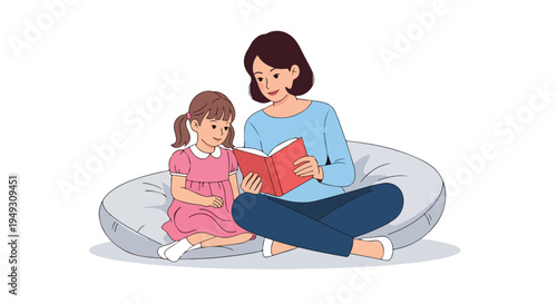Mother reading a book to her daughter, fostering imagination and education in a cozy home setting.