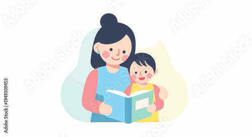 Mother reading a book to her child, illustration of family bonding, education, and early childhood development.
