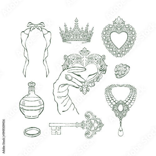 A set of vintage womens accessories. Perfume, key, bows, crown, necklace, ring, brooch. A collection of illustrations in the Rococo and Baroque styles. Historical womens jewelry . Vector outline