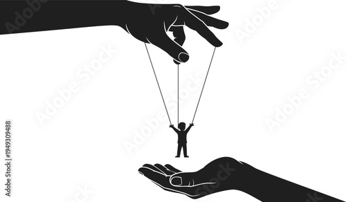 Black silhouette icon of large hand controlling marionette child puppet on strings, manipulation and power concept vector 