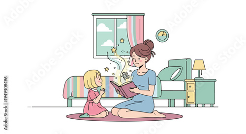 Mother reading a magical storybook to her daughter in a cozy bedroom at night, illustration