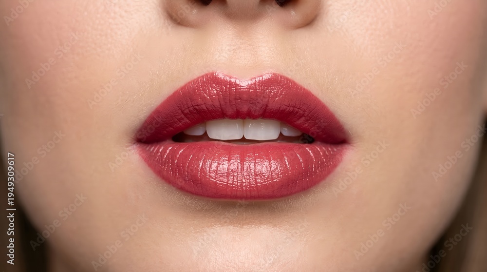 Fototapeta premium Beautiful woman's lips with shiny red lipstick close up perfect for cosmetology and makeup concepts healthy skin and glossy lips
