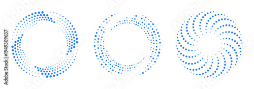 Blue halftone spiral dots vortex for technology, data flow and AI concepts, radial graphic design element, helix, rotation arc, spiral, swirl
