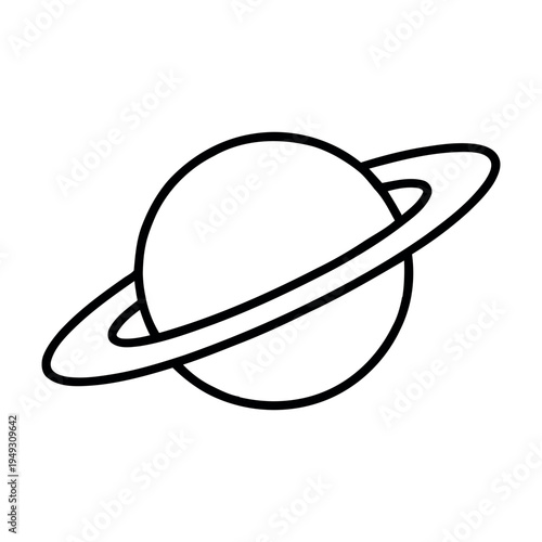 Minimalist black and white line art illustration of the planet Saturn with its rings, suitable for coloring, icons, or educational materials.