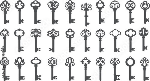 Collection of various ornate vintage keys in black and white