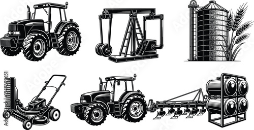Agricultural machinery and farm equipment vector set, tractor plow mower grain silo and industrial pump jack illustration collection