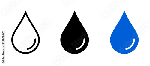 Water drop icon, minimalist symbol in solid and outline