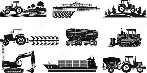 Agricultural and industrial machinery silhouettes vector set, tractors excavator cargo ship and farming equipment icons, modern transport industry illustration