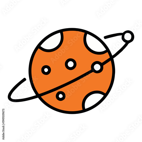 Simple vector illustration of a vibrant orange planet with craters and an orbiting moon, ideal for space, science, and astronomy projects.
