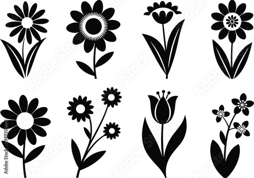 Eight black and white stylized flower with different petal shapes and leaf petals