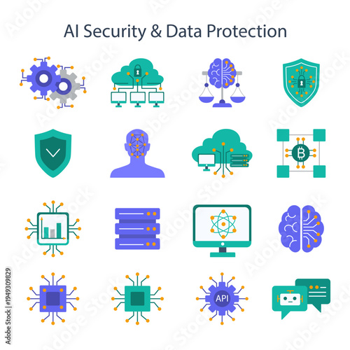 AI Security and Data Protection Icon Set. Clean geometric design suitable for web, apps, infographics, and tech presentations.
