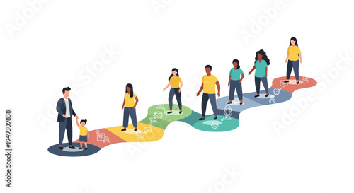 Diverse People Journey on a Winding Path of Progress with Icons: Life Stages, Career & Business Development