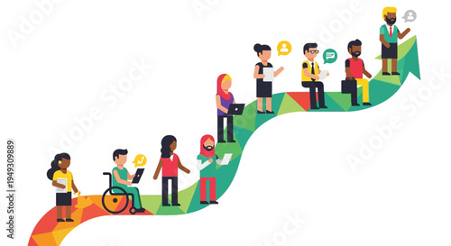 Diverse Business Team Climbing Growth Arrow: Inclusive Progress, Career Development, and Collaborative Success
