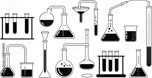 Collection of black silhouette icons chemistry laboratory glassware beakers flasks test tubes distillation apparatus funnel vector set illustration 