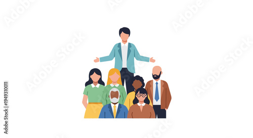 Diverse Business Team with Leader Illustration Representing Collaboration, Management, and Professional Community