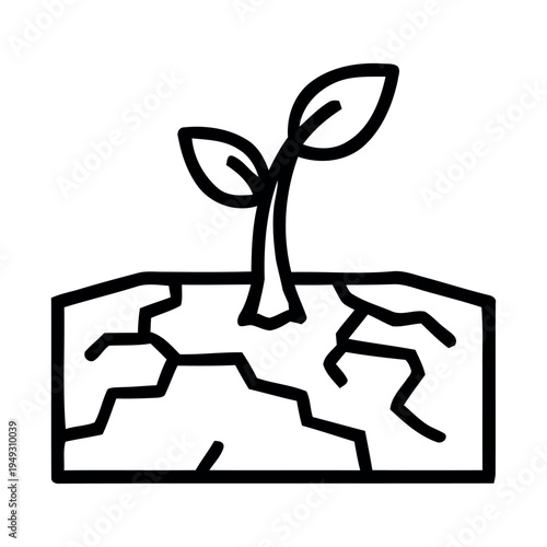 Minimalist line art illustration of a sprout growing from dry, cracked earth, symbolizing resilience, hope, and nature's survival in harsh conditions.
