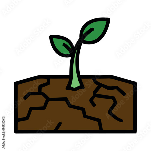 Stylized illustration of a small green sprout growing from cracked brown soil, symbolizing resilience, hope, and new life in harsh conditions.