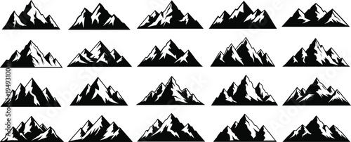 Mountain Silhouettes Collection Featuring Sharp Peaks Ridge Lines and Snowy Summits for Outdoor Adventure Camping and Nature Landscape Design CAD Drawing Flat Vector Illustration