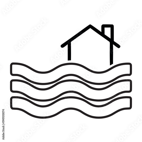 Minimalist line icon of a house submerged in floodwater, representing a natural disaster, property damage, or home insurance.