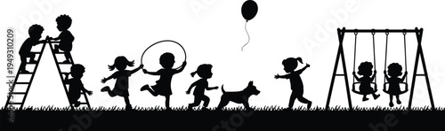 Black silhouette icons of happy children playing outdoors jumping rope climbing ladder swinging on playground with dog and balloon vector set 