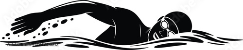 Black silhouette icon of swimmer in freestyle stroke wearing swim cap and goggles swimming in water with splashes vector illustration 