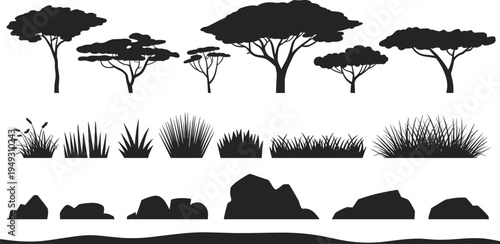 Silhouettes of trees, grass, and rocks on a white background nature