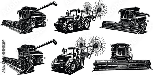 Agricultural machinery vector set, combine harvesters and tractor farm equipment collection, modern agriculture vehicles illustration isolated on background