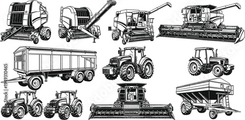 Agricultural machinery vector set, tractors combine harvesters trailers and farming equipment collection, modern agriculture vehicles illustration isolated