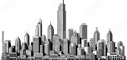 Modern City Skyline Panorama Featuring Skyscraper Buildings and Urban Architecture Silhouette for Real Estate Business and Metropolises Development CAD Drawing Flat Vector Illustration