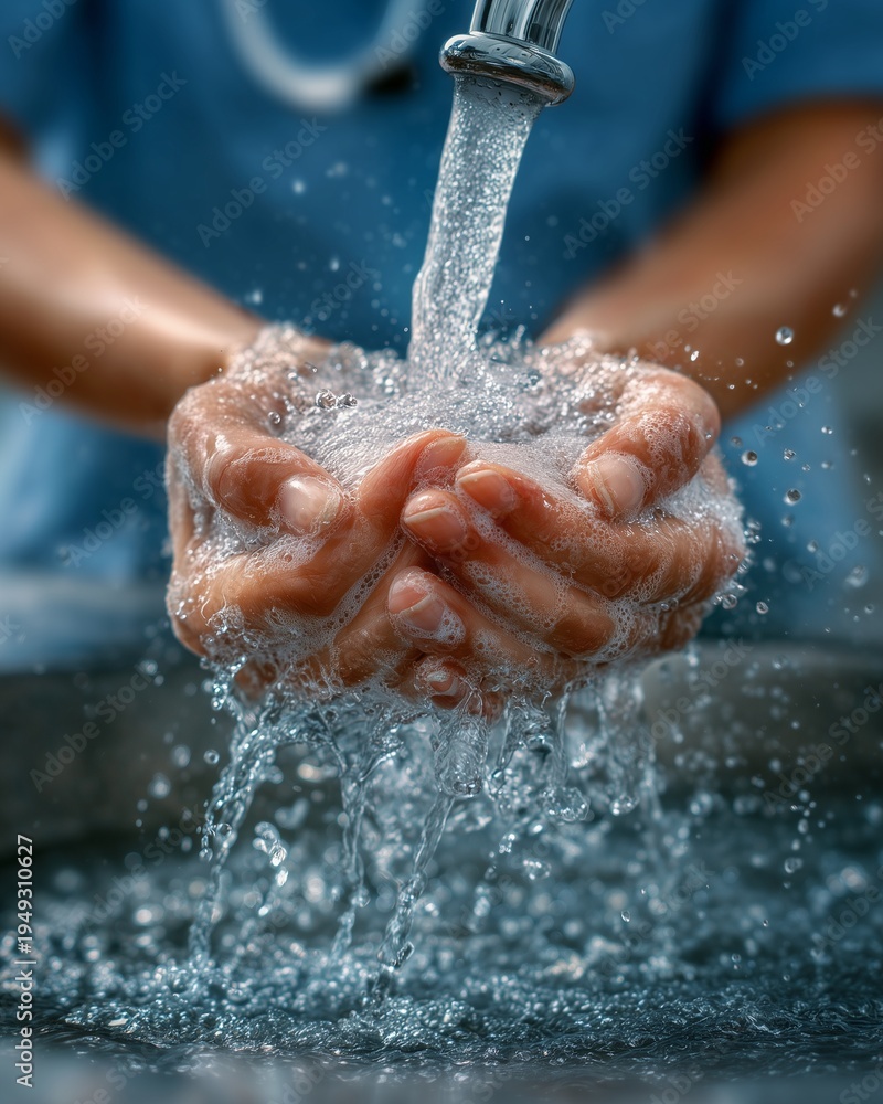 Fototapeta premium World hygiene campaign with healthcare worker washing hands under running water, world health day hygiene and prevention medical hand washing awareness image, healthcare hygiene world health day 