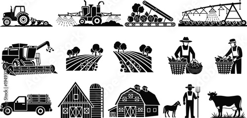 WebAgriculture farming icons vector set, tractor irrigation harvesting crops barn farmer livestock and rural countryside farm elements illustration collection
