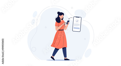 Woman using smartphone for online payment or banking app with checkmark on screen