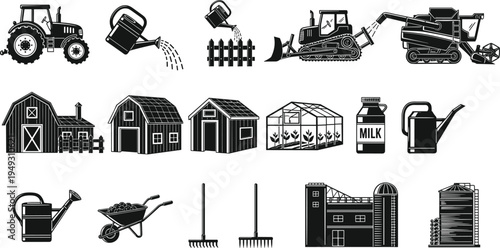 Agriculture farming icons vector set, tractor barn greenhouse tools milk and farm equipment collection, rural farming symbols illustration