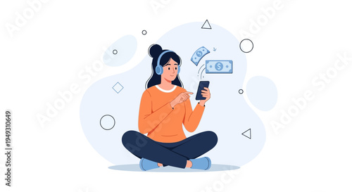 Woman with headphones using smartphone for online money transfer, earning, finance
