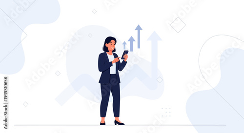 Businesswoman checking phone with upward trending arrows symbolizing growth and success