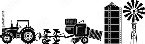 Agriculture farming machinery vector illustration, tractor plow hay baler grain silo windmill and rural farm equipment for modern agricultural production