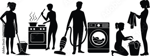 Black silhouette icons of family doing household chores cleaning cooking vacuuming laundry washing dishes homemaking daily routine vector set