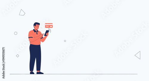 Man Using Mobile Phone for Online Payment with Credit Card Icon