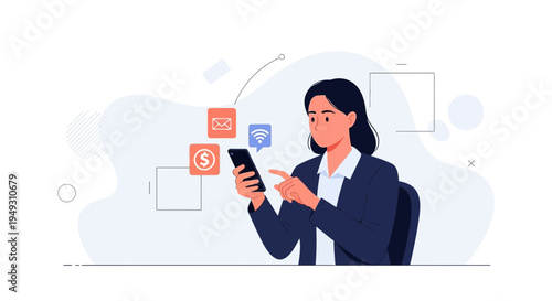 Woman using smartphone with icons for email, money, and wifi
