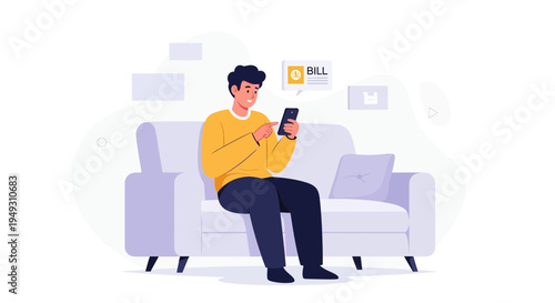 Man on couch using smartphone to pay bills online, notification on screen