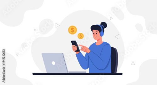 Person using smartphone with laptop and coins, online earning concept