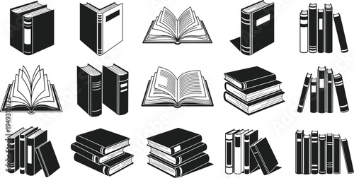 Books and open book silhouettes vector set, stacked textbooks and library literature collection, education reading icons isolated illustration