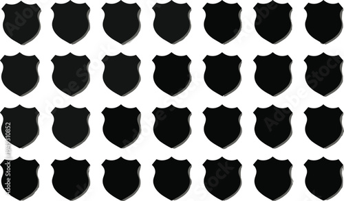 Shield silhouette icon set, security guard badges, protection symbols, military heraldry frames, coat of arms collection, insurance safety emblems, vector elements.