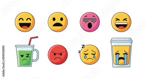 Emoji icons set emotions and drinks