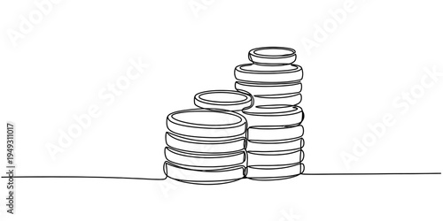 Continuous One Line Drawing of Stacks of Coins Money Concept