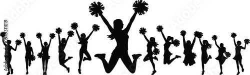 Black silhouette icons of cheerleader team jumping with pom poms energetic poses cheerleading squad performance vector illustration set