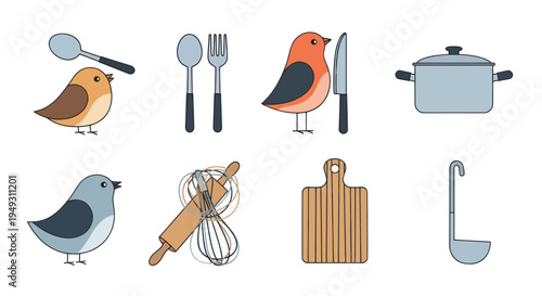 Cooking utensils and birds illustration