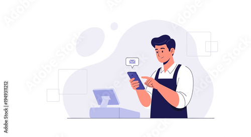 Smiling man in apron using smartphone at checkout counter, email notification icon