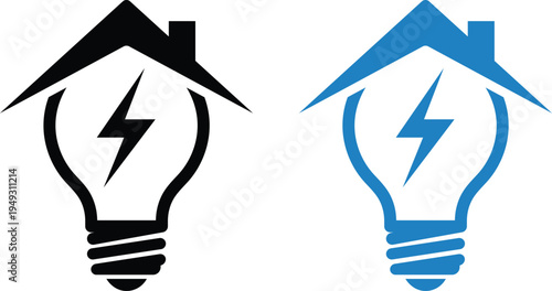 Black and blue house roof over light bulb with lightning bolt symbol electricity