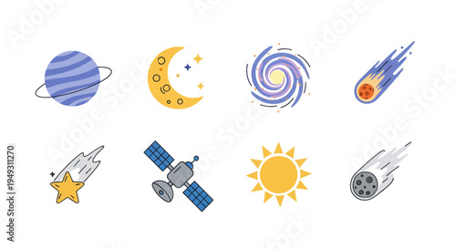 Cosmic elements illustrated on white background